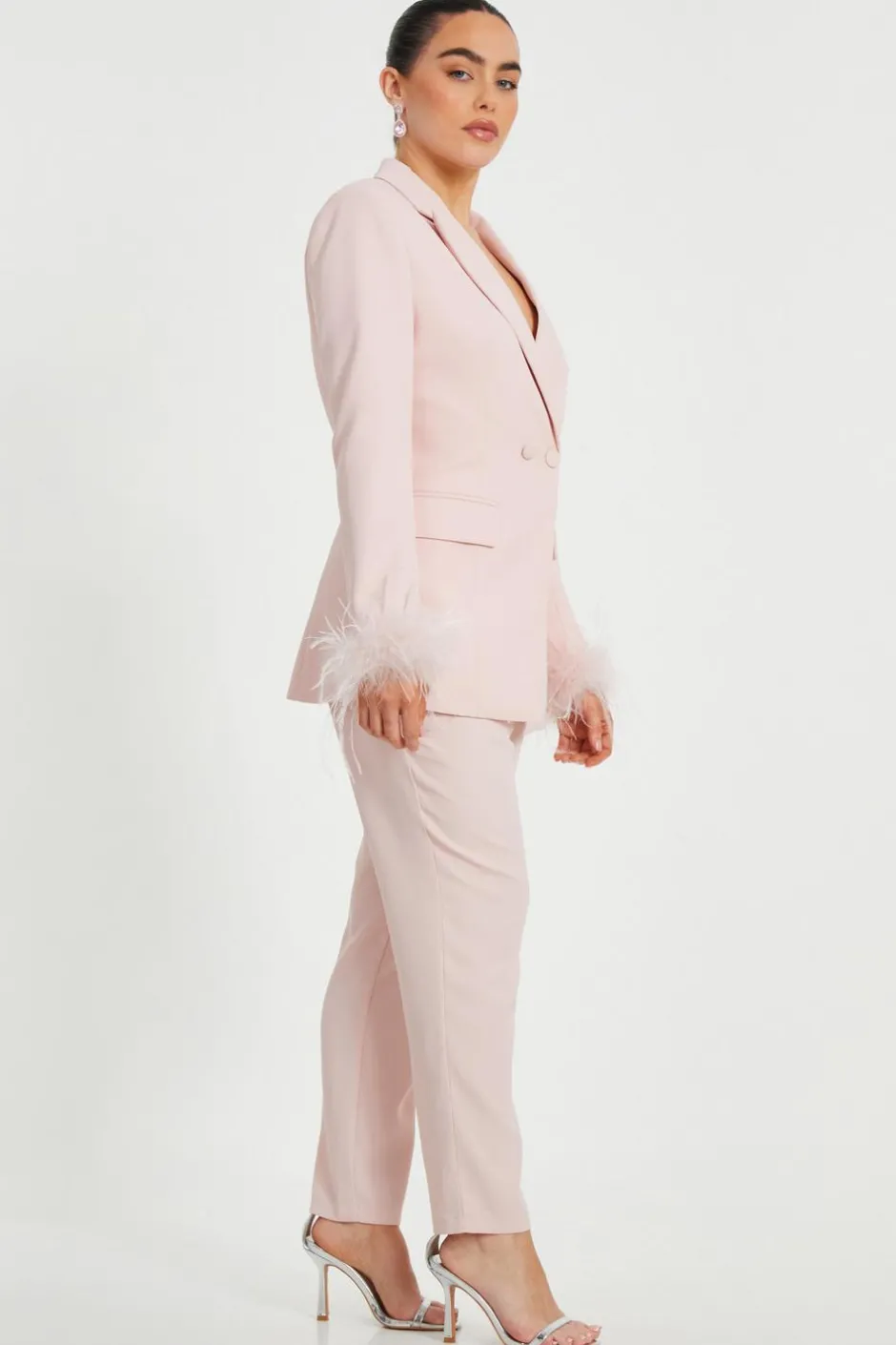 Quiz Petite Feather Trim Blazer Light Pink
