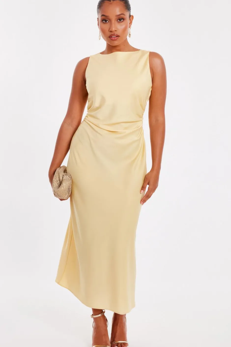 Quiz Petite Light Yellow Satin Ruched Midi Dress