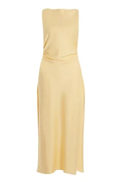 Quiz Petite Light Yellow Satin Ruched Midi Dress