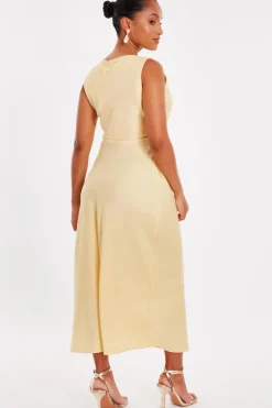Quiz Petite Light Yellow Satin Ruched Midi Dress
