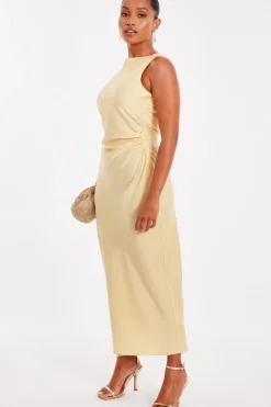Quiz Petite Light Yellow Satin Ruched Midi Dress