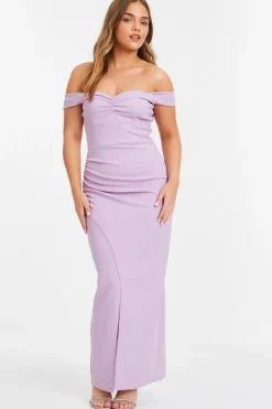 Quiz Petite Lilac Ruched Bardot Maxi Dress Clearance