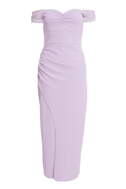 Quiz Petite Lilac Ruched Bardot Maxi Dress Clearance
