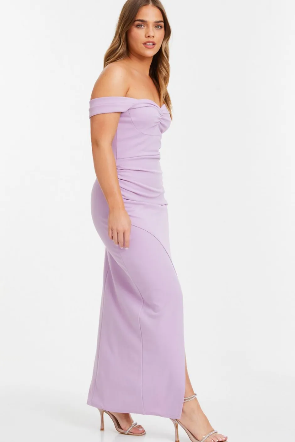 Quiz Petite Lilac Ruched Bardot Maxi Dress Clearance