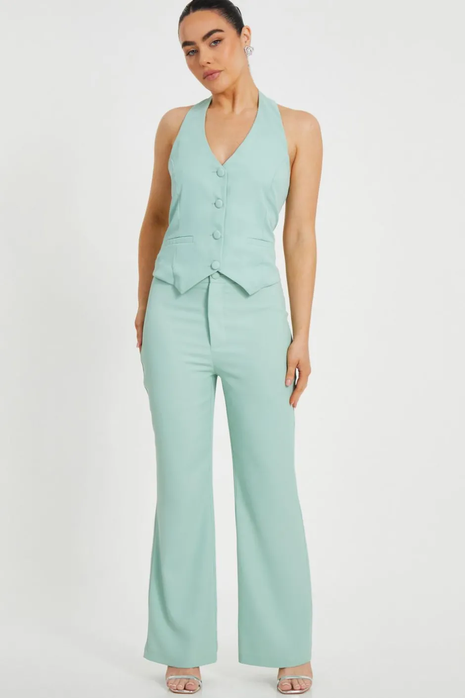 Quiz Petite Mint Flared Tailored Trousers