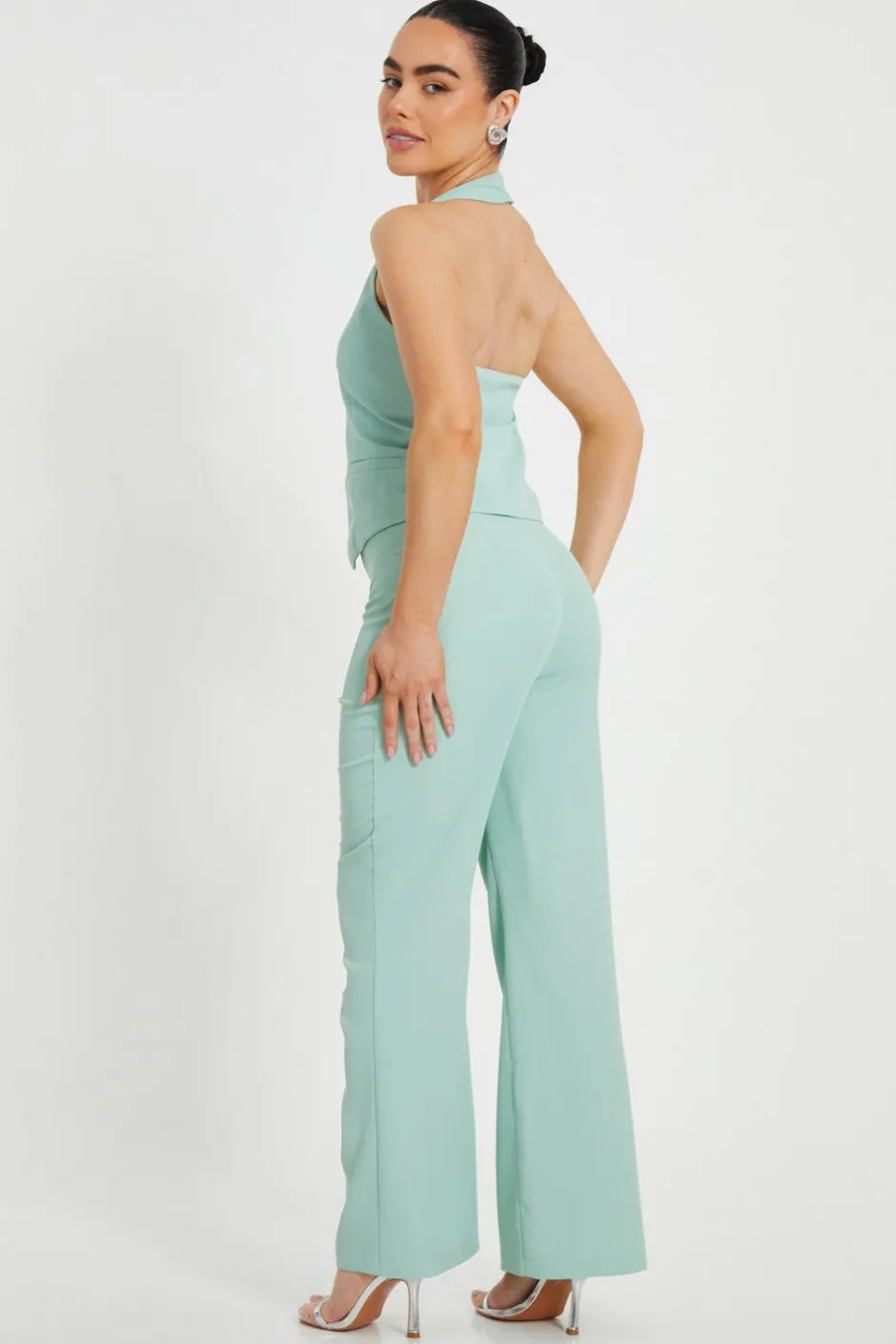 Quiz Petite Mint Flared Tailored Trousers