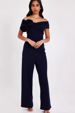 Quiz Petite Navy Bardot Floral Corsage Jumpsuit Sale