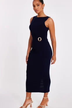 Quiz Petite Navy Buckle Detail Midi Dress New