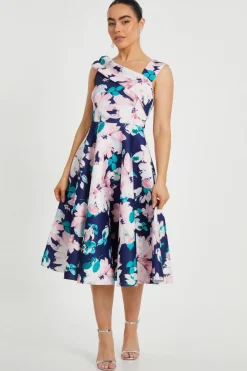 Quiz Petite Navy Floral Print Skater Dress Hot