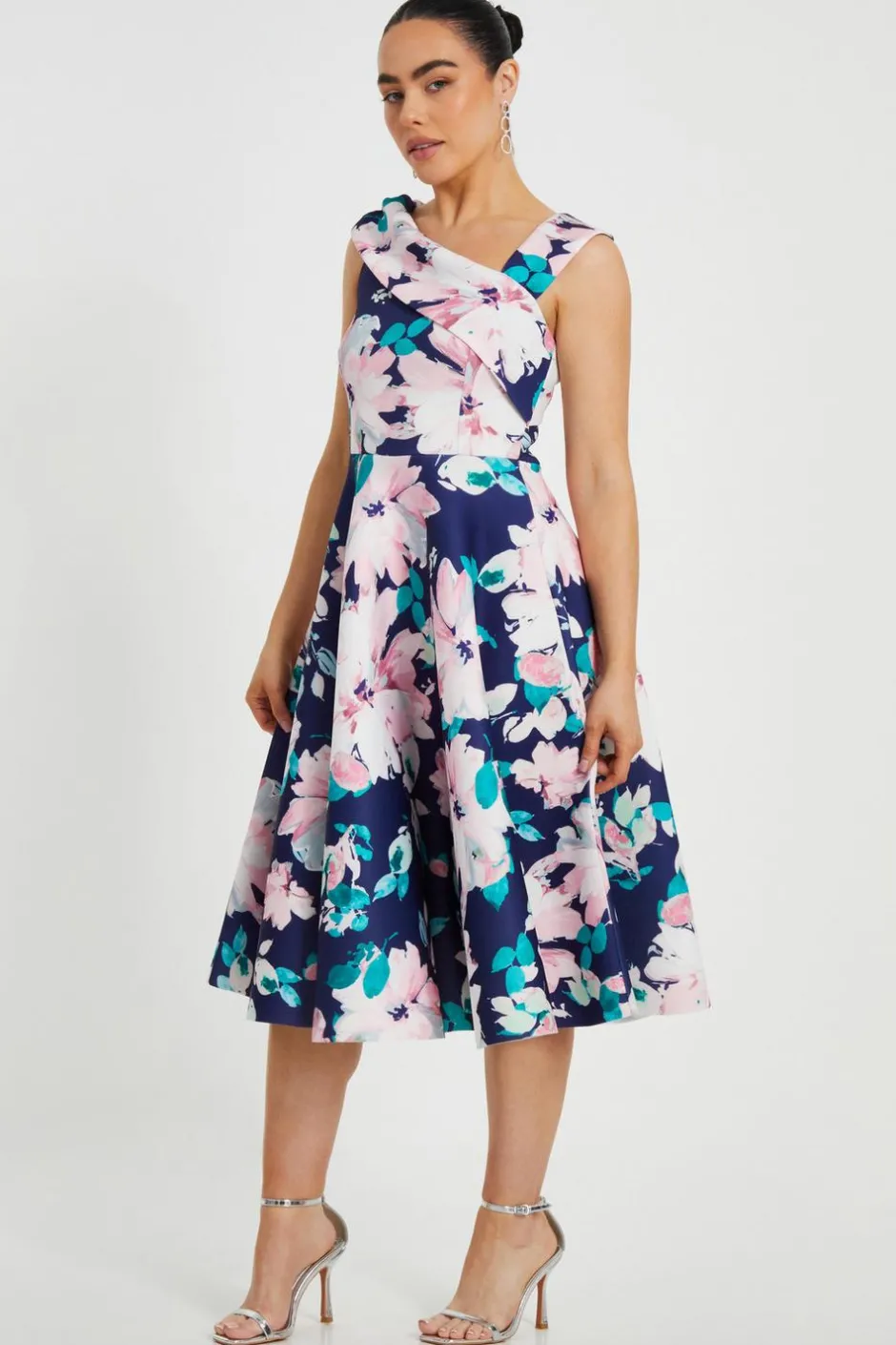 Quiz Petite Navy Floral Print Skater Dress Hot