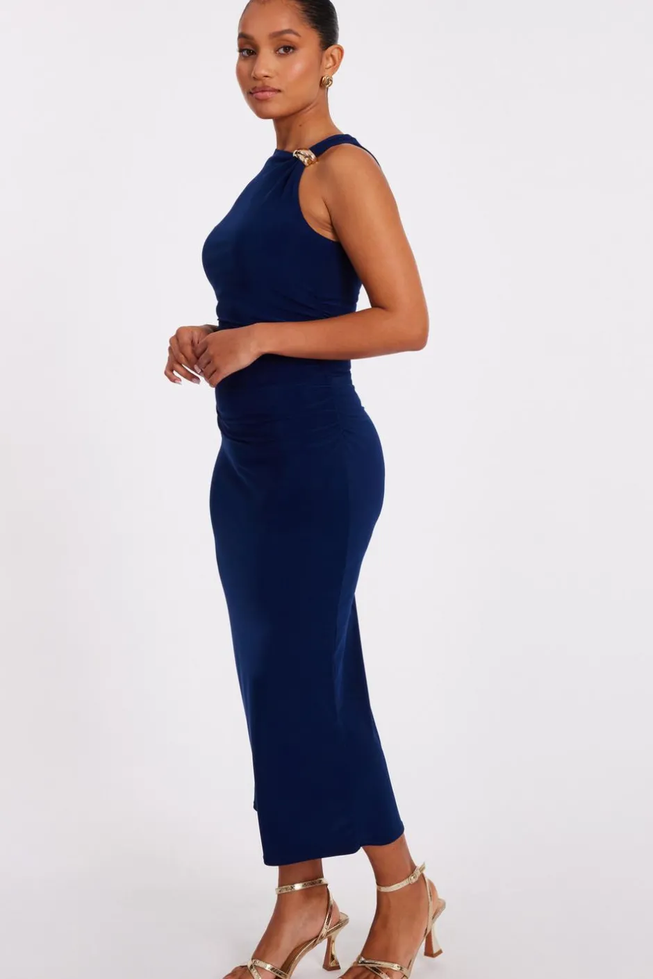 Quiz Petite Navy Gold Buckle Midaxi Dress New