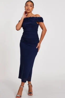 Quiz Petite Navy Mesh Bardot Midaxi Dress Clearance
