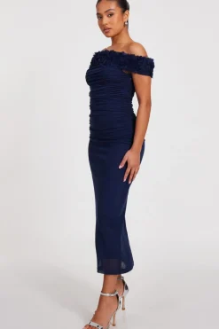 Quiz Petite Navy Mesh Bardot Midaxi Dress Clearance
