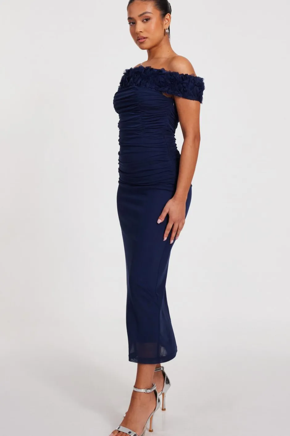 Quiz Petite Navy Mesh Bardot Midaxi Dress Clearance