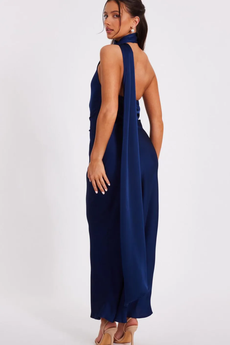 Quiz Petite Navy Satin Wrap Neck Maxi Dress Clearance