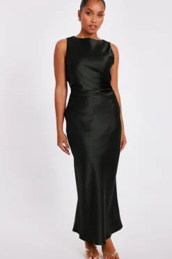 Quiz Petite Satin Ruched Midaxi Dress Olive