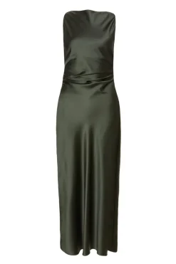 Quiz Petite Satin Ruched Midaxi Dress Olive