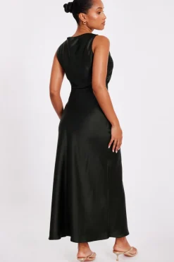 Quiz Petite Satin Ruched Midaxi Dress Olive