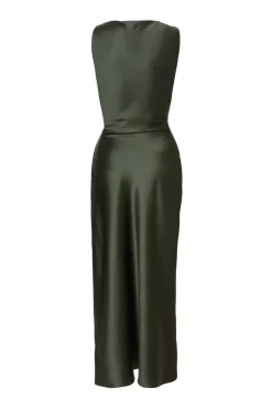 Quiz Petite Satin Ruched Midaxi Dress Olive