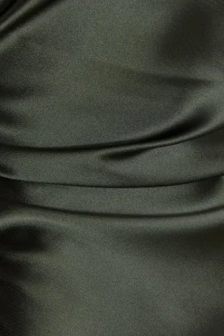 Quiz Petite Satin Ruched Midaxi Dress Olive