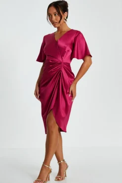 Quiz Petite Raspberry Satin Ruched Wrap Midi Dress Outlet