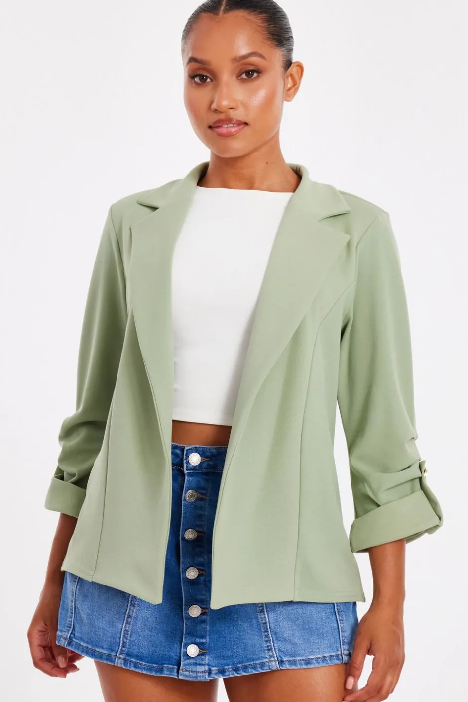 Quiz Petite Sage Ruched Sleeve Blazer Online