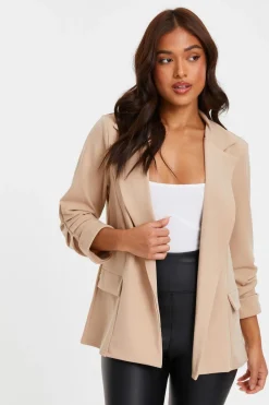 Quiz Petite Ruched Sleeve Blazer Stone Clearance
