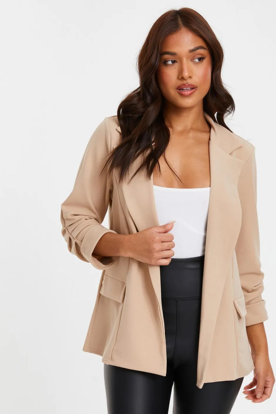 Quiz Petite Ruched Sleeve Blazer Stone Clearance