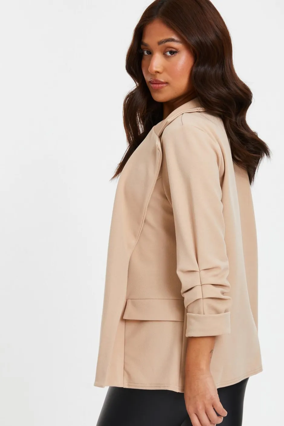 Quiz Petite Ruched Sleeve Blazer Stone Clearance