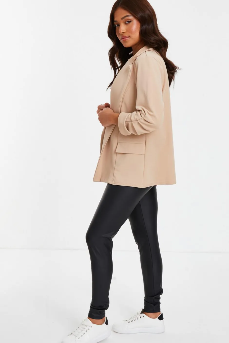Quiz Petite Ruched Sleeve Blazer Stone Clearance