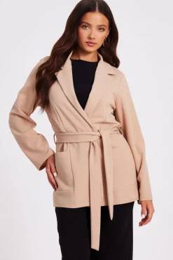 Quiz Petite Tie Waist Blazer Stone Clearance