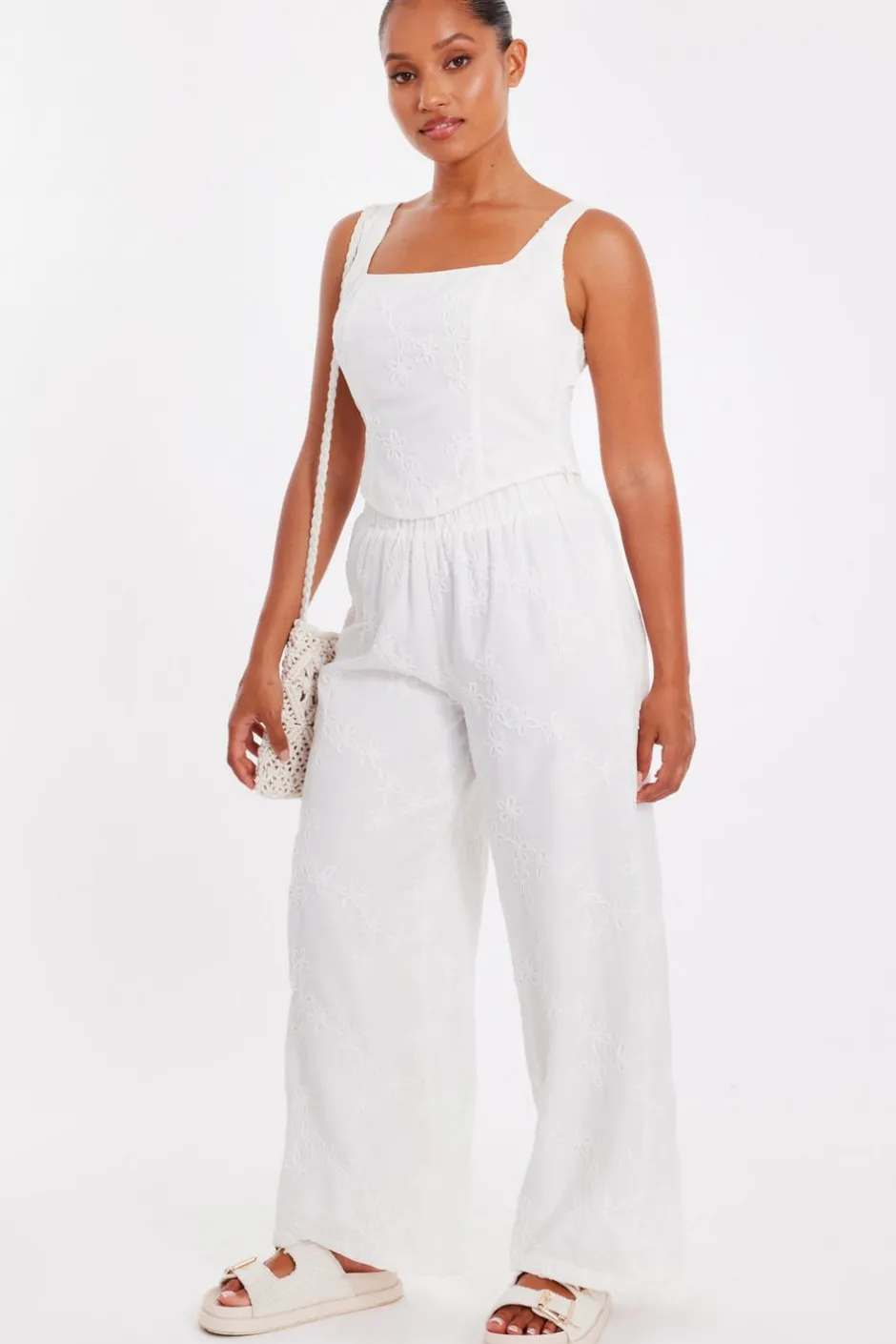 Quiz Petite White Embroidered Trousers