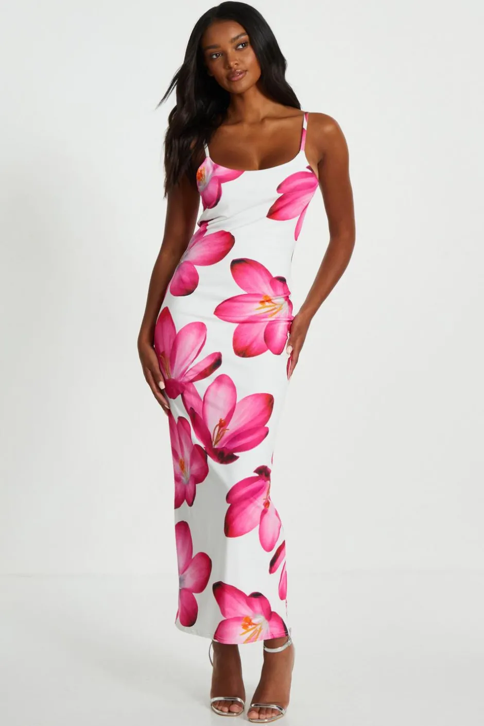 Quiz Pink Bold Floral Print Bodycon Maxi Dress Best