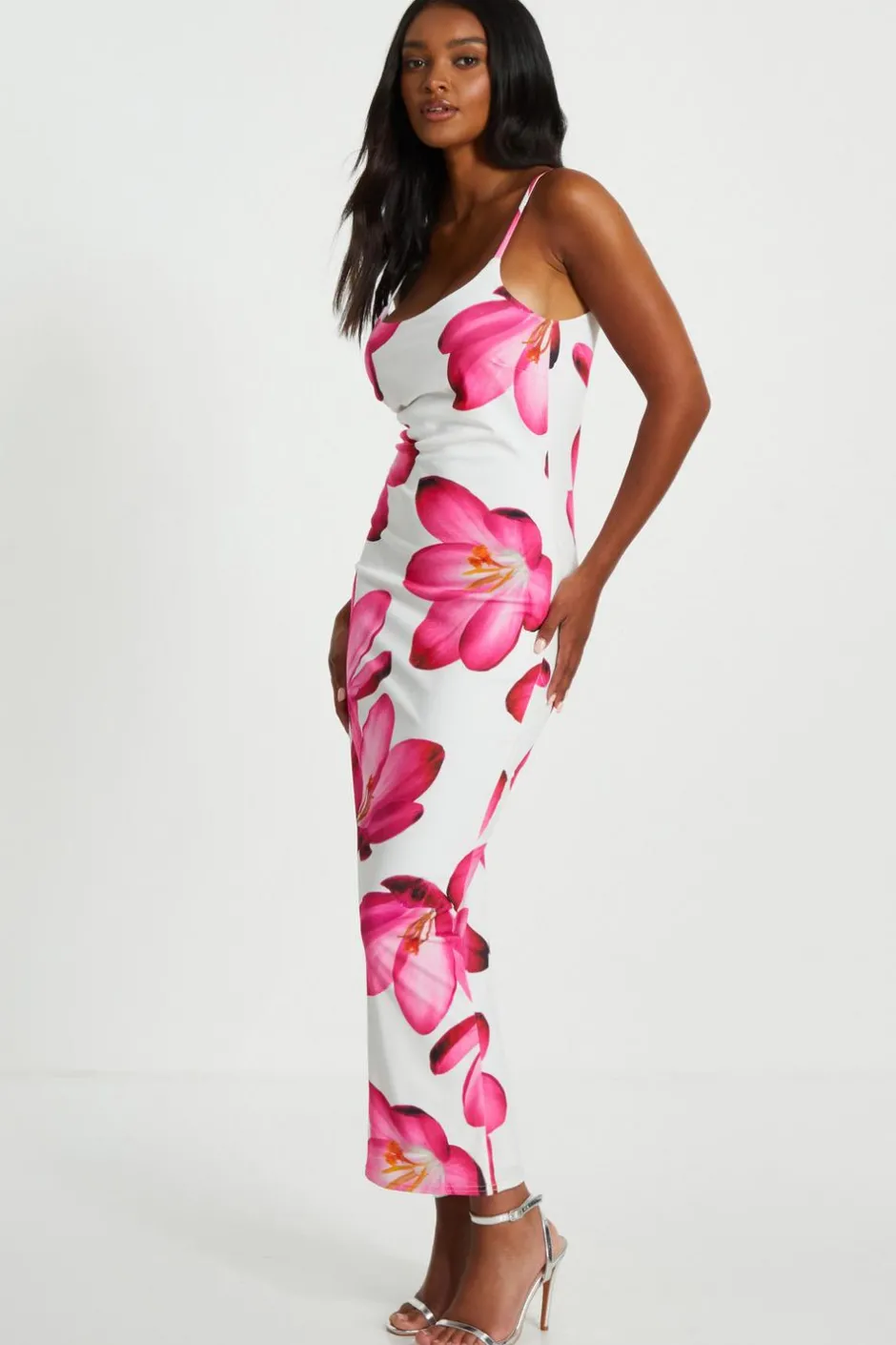 Quiz Pink Bold Floral Print Bodycon Maxi Dress Best