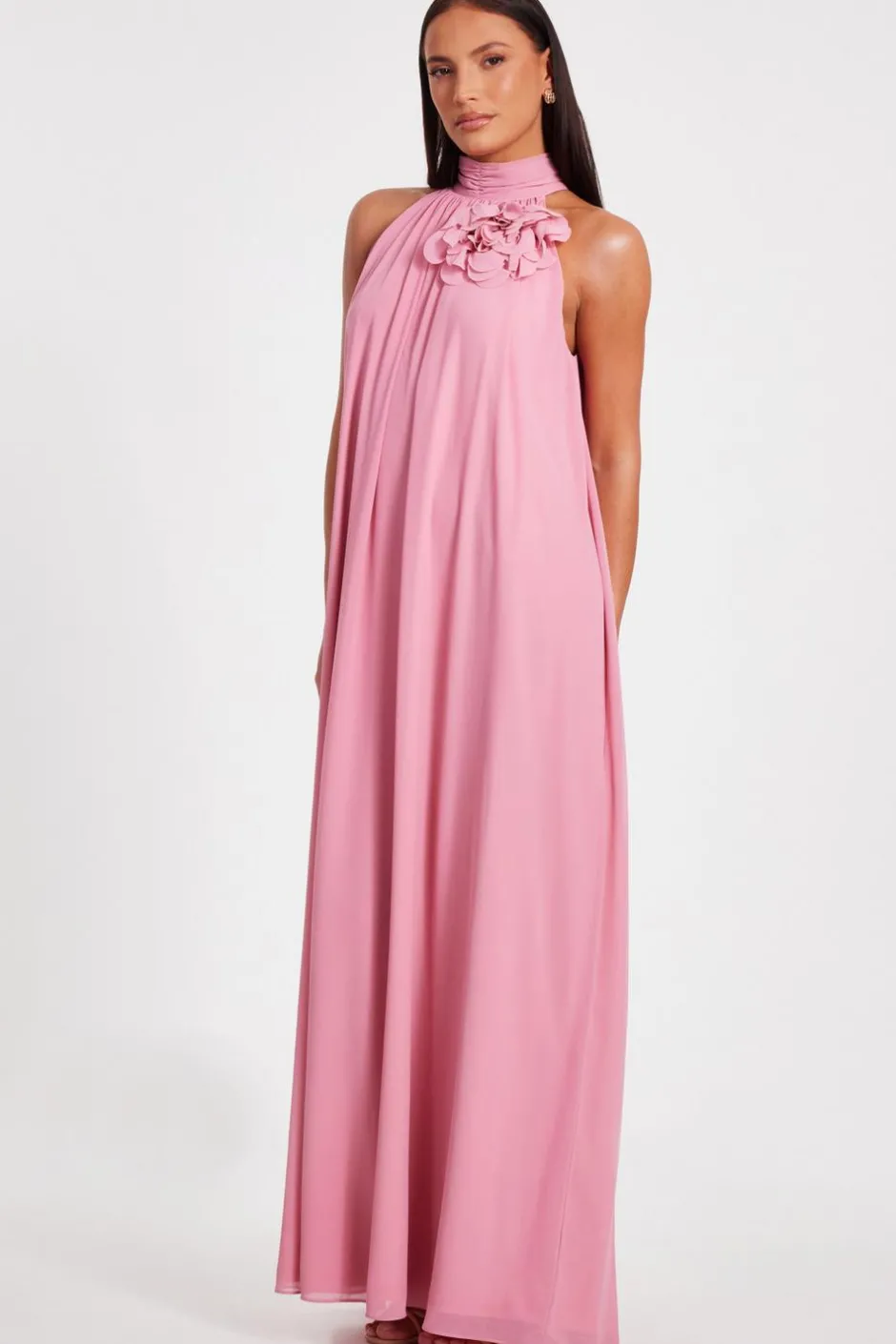 Quiz Pink Chiffon Corsage Maxi Dress Clearance