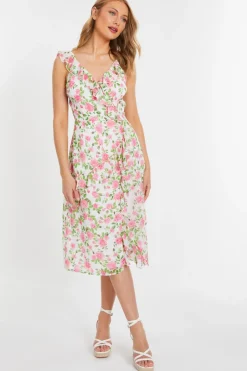 Quiz Pink Chiffon Floral Ruffle Wrap Midi Dress Outlet