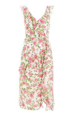 Quiz Pink Chiffon Floral Ruffle Wrap Midi Dress Outlet