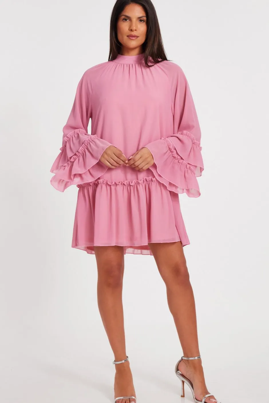 Quiz Pink Chiffon Frill Mini Dress Discount