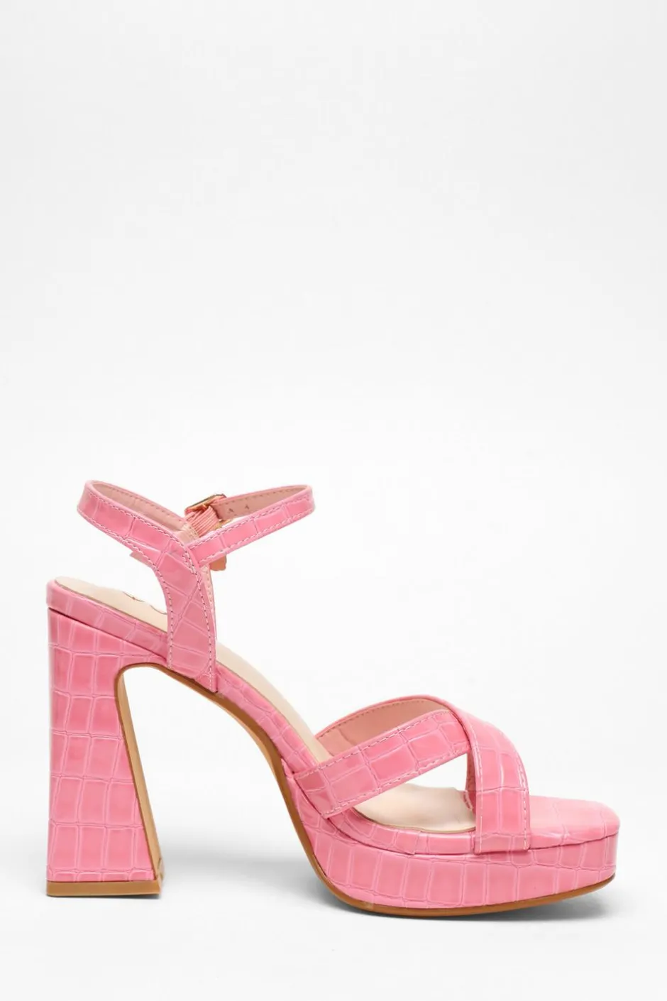 Quiz Crocodile Cross Strap Platform Heeled Sandal Pink Clearance