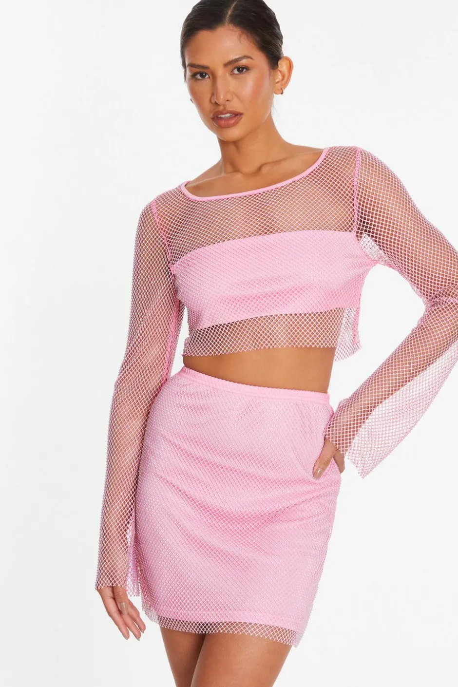 Quiz Pink Diamante Embellished Mesh Crop Top Hot