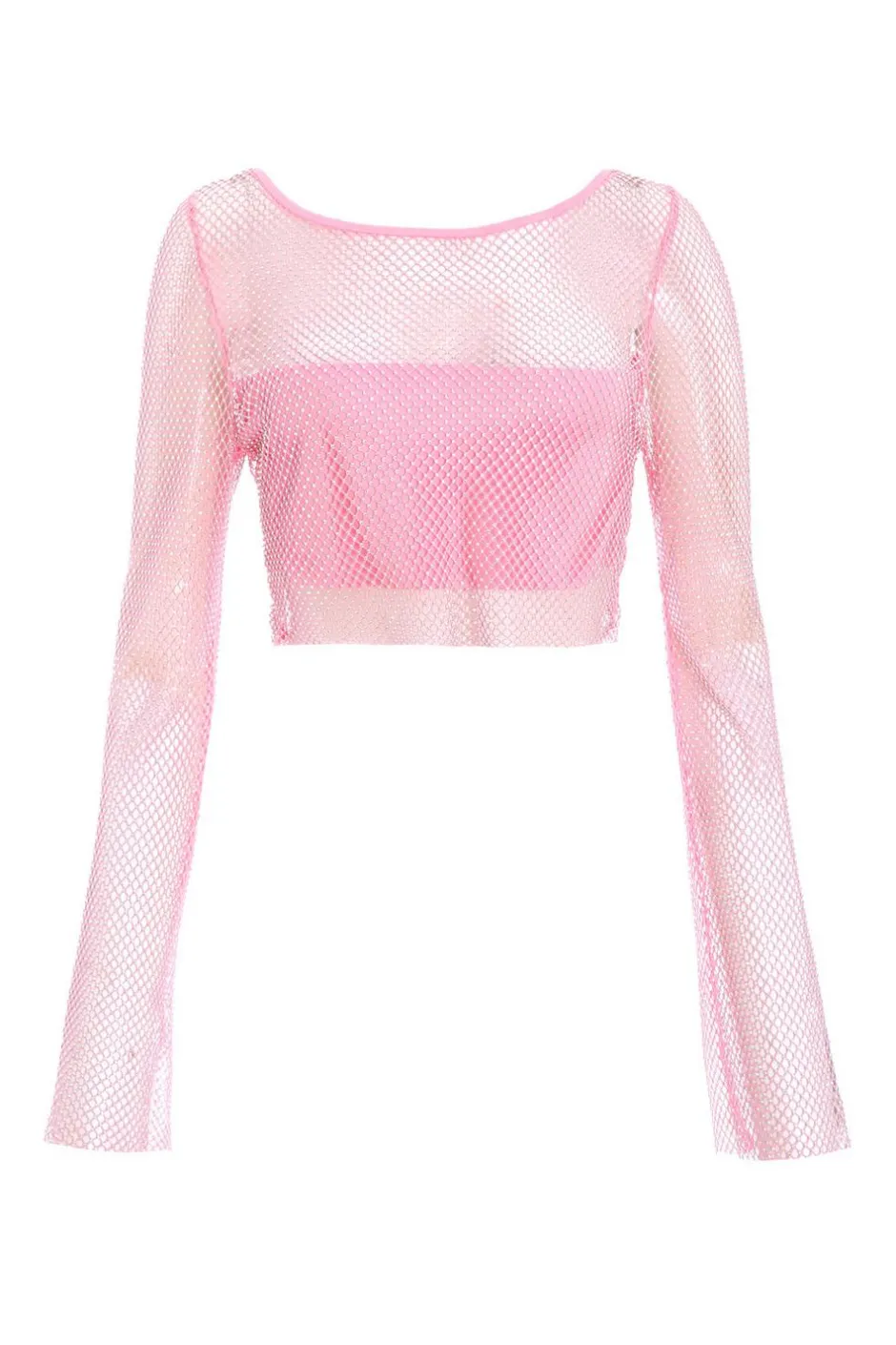 Quiz Pink Diamante Embellished Mesh Crop Top Hot