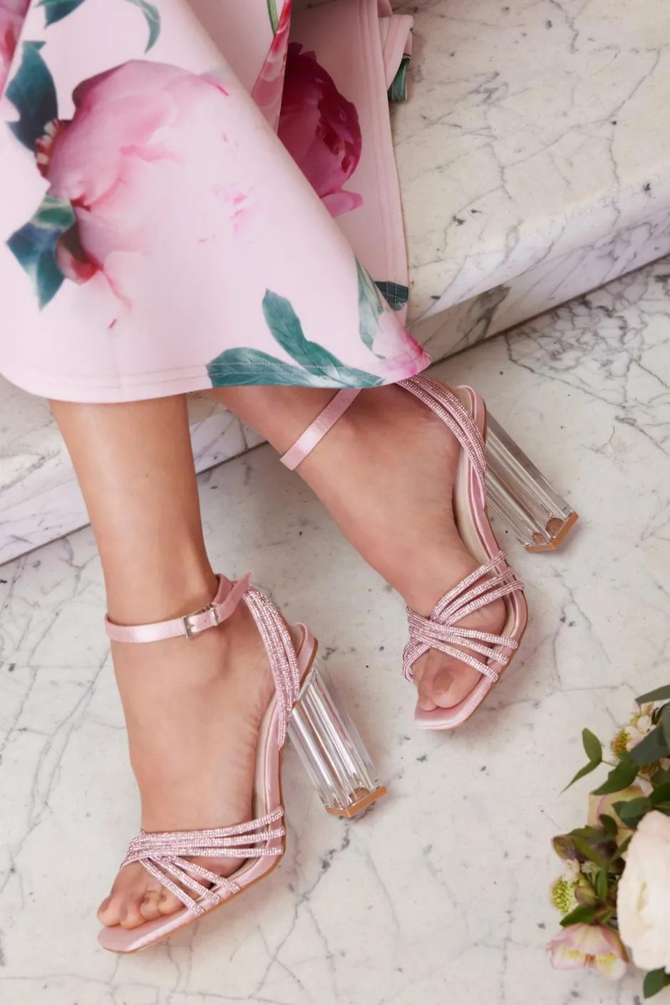 Quiz Pink Diamante Strap Heeled Sandals Discount