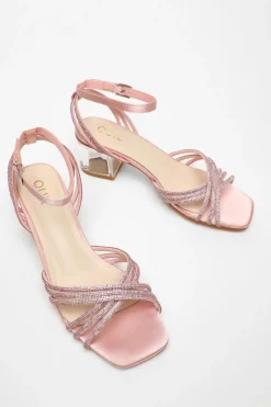 Quiz Diamante Strap Low Heeled Sandals Pink Outlet