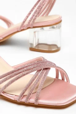 Quiz Diamante Strap Low Heeled Sandals Pink Outlet