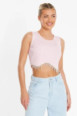 Quiz Pink Diamante Trim Crop Top