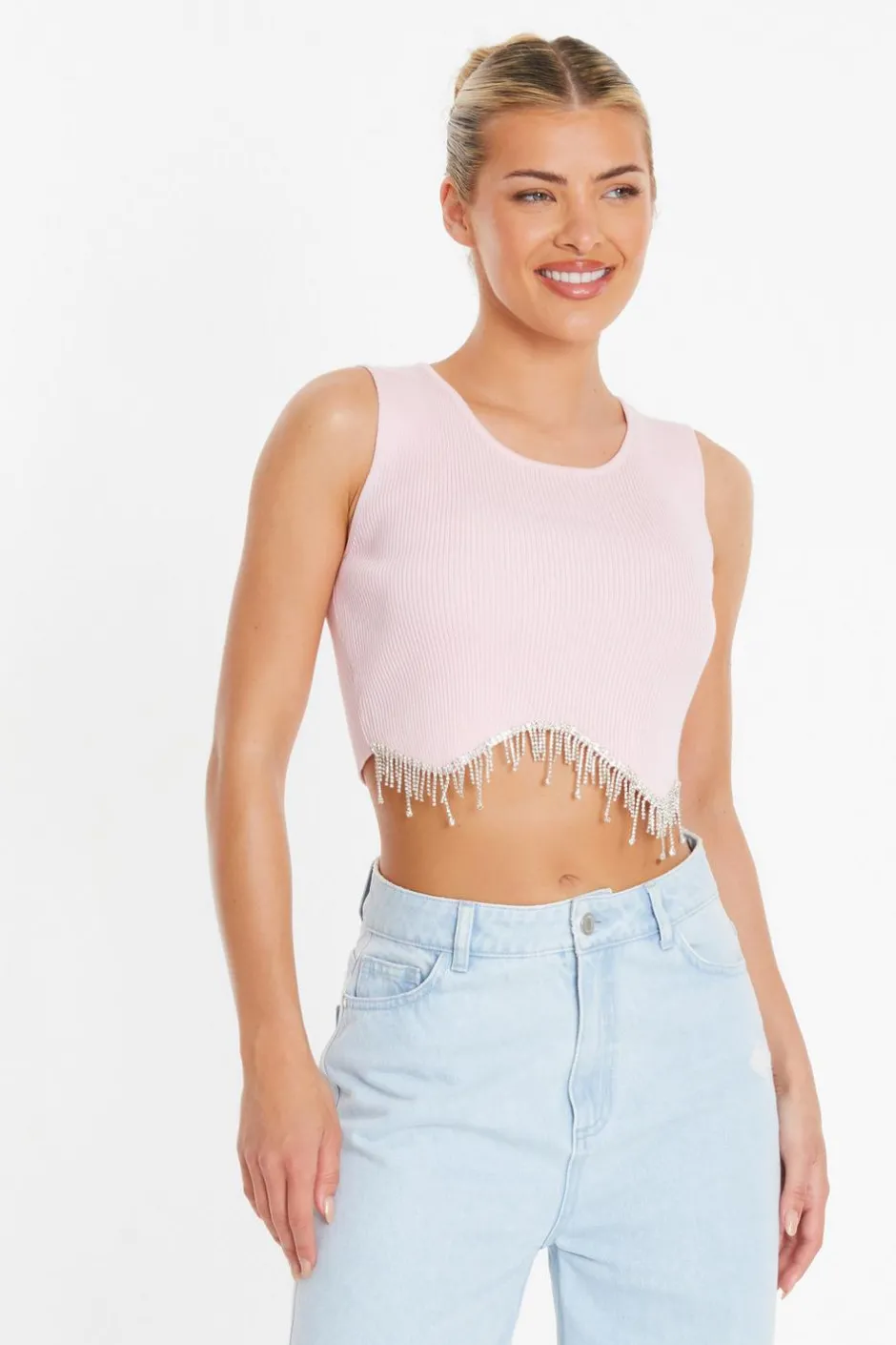 Quiz Pink Diamante Trim Crop Top