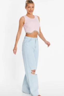 Quiz Pink Diamante Trim Crop Top
