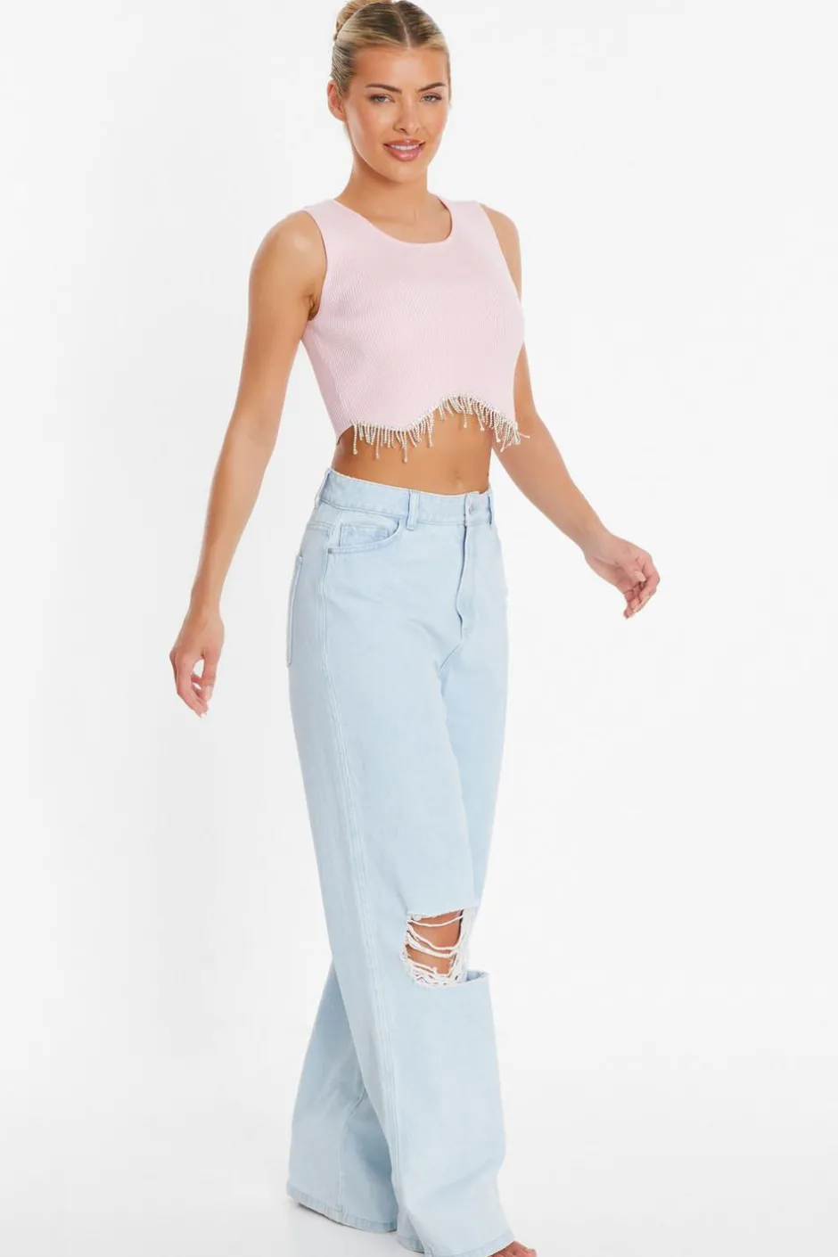 Quiz Pink Diamante Trim Crop Top