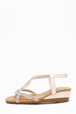 Quiz Pink Embellished T-Strap Low Wedges Online