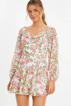Quiz Pink Floral Chiffon Playsuit Clearance